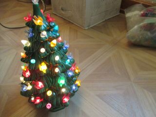 Vintage Green Ceramic Mold Lighted Christmas Tree 10 1/2 " T Multi Color Lights