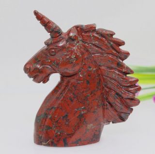 3.  8 " Red Stripe Jasper Hand Carve Skull Healing Fantasy Magic Unicorn Horse M127