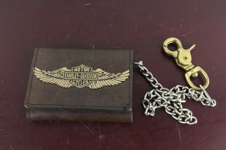 Vintage Harley - Davidson Motor Cycles Wallet With Chain Brown Leather