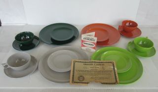 16 Pc Color - Flyte Melmac Branchell Plates,  Coffee Cups,  Green Gray Orange Lime
