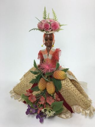 Vintage Souvenir Doll Woven Straw Skirt Fruit