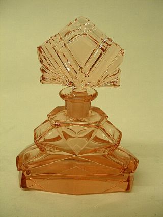 Vintage Large 6 " Czech Art Deco Pink Glass Perfume Bottle With Fan Stopper