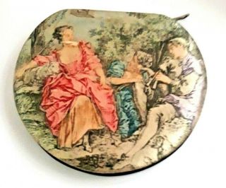 Vintage German Courting Scene Silk & Leather Powder Compact With Zipper.