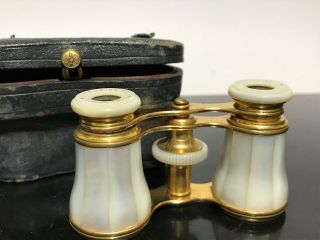 Antique Lemaire Mother Of Pearl Brass Binoculars Opera Glasses