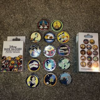 Disney Park Badges Mystery Pin Set Complete Set Of 14