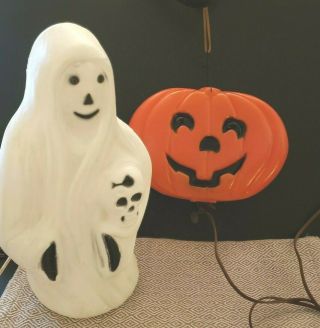 Vintage Halloween Blow Mold Lights Ghost Skeleton Skull 13 " & Hanging Pumpkin