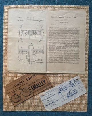 Antique Smalley Bicycles Patent Certificate 1894 Chicago Plymouth Indiana Biking