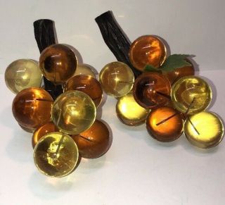 Lucite Grapes Cluster Set Of 2 Amber Yellow Vintage Mid Century Decorations