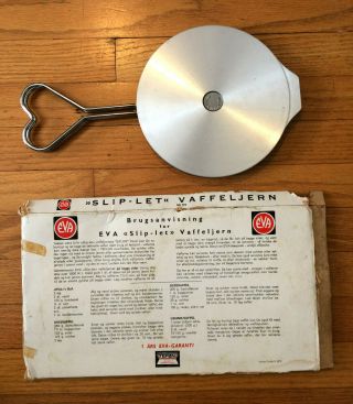 Vintage Eva Norway Stove Top Waffle Iron Pizelle Maker Heart Handle Box 2