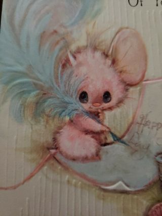 Vtg Hallmark Birthday Greeting Card Cute Pink Mouse With Blue Feather Pen