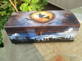 Halloween Flying Witch Over City Oil Painting On Large Treasure Wood Box - Gray
