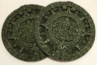 Vintage Resin Green Aztec Mayan Sun Calender Wall Plaque Heavy Two Plaques