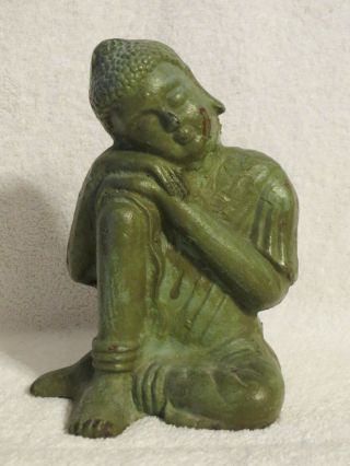 Antique Green Cast Iron Seated Tibetan Buddha Statue Figure 7 " Inch