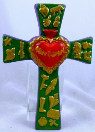 Sacred Heart And Milagros Cross Green Handpainted Clay Peru Ceramic