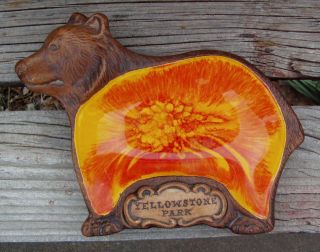 Vintage Yellowstone Park Treasure Craft Brown Bear Ceramic Ashtray Orange Drip