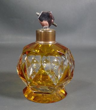 Antique Art Deco Bohemian Czech Amber Cut To Clear Glass Perfume Bottle Atomizer