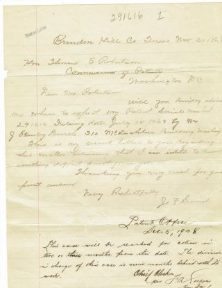 1928 Handwritten Letter To Us Patent Office With Handwritten Reply