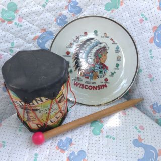Vintage Wisconsin Dells Toy Drum & Wisconsin Indian Collector Plate