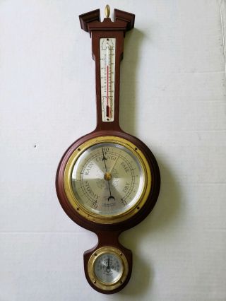 Vintage 60s 70s Taylor Banjo Mahogany & Brass Wall Barometer Weather Station