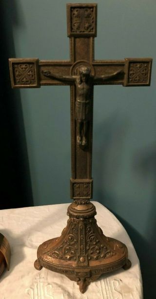 Gorgeous Rare Antique Catholic Church Altar Standing Brass Crucifix