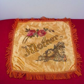 Vintage Mother Souvenir Fringe Pillow Cover Wall Hanging Roses Cottage Orange