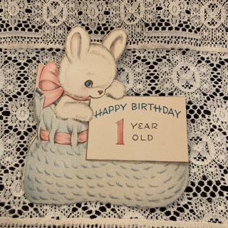 Vintage Greeting Card 1st Birthday Bunny Rabbit Bootie Train Norcross