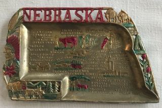 Vintage Nebraska State Souviner Dresser Dish Tray Metal Gold Tone Finish
