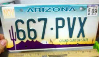 Arizona Metal License Plate,  Ex 2009,  Grand Canyon State,  Desert Sunset 667 Pvx