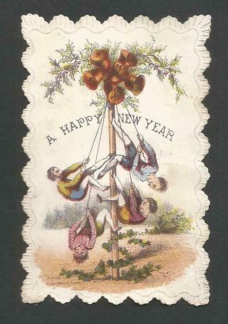 B23 - Sporty Bell - Ringing Boys - Early Victorian Year Card - Embossed Edges