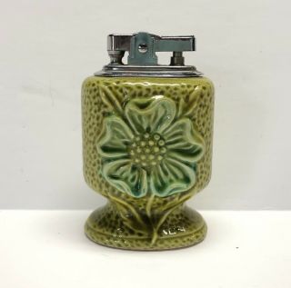 Vintage Japan Desk Table Top Lighter Glazed Ceramic Embossed Flower