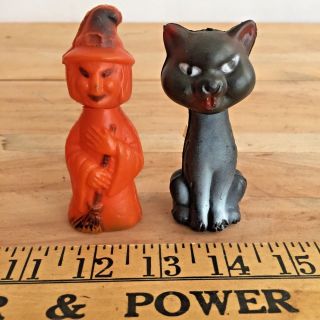 Vintage Halloween Plastic Pumpkin Head Witch & Black Cat Candy Containers Slk