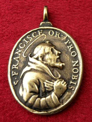 Franciscan Monk Antique St.  Francis of Assisi St.  Anthony of Padua Bronze Medal 3
