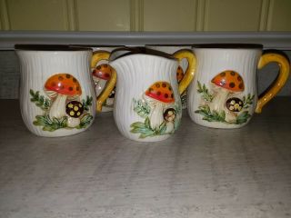 Vintage Sears Merry Mushroom (4) Coffee Mugs Cups (1) Creamer Japan Euc 1970s