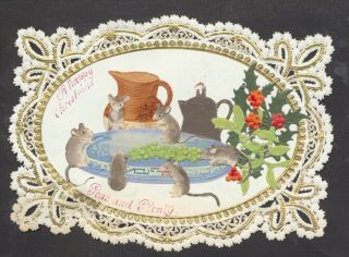C5017 Victorian Paper Lace Xmas Card: Mice & Food Scraps 1870s