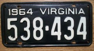 Single Virginia License Plate - 1964 - 538 - 434