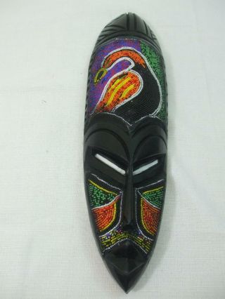 Vintage African Tribal Wall Mask Handmade Carved Black Wood Beaded Bird 18.  5 "