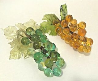 Pair Lucite Grape Clusters Green Amber On Wire Vintage Mid Century Modern 8 " L