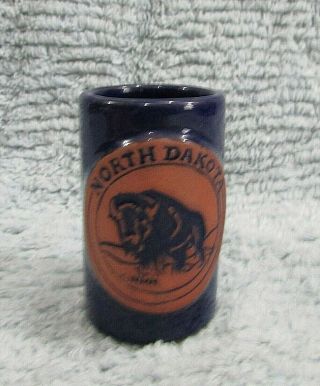 North Dakota Buffalo Cobalt Blue Terracotta Pottery 3 " Toothpick Holder S/h