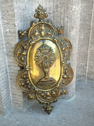 Antique France Church Brass Ornate Relief Monstran For Hand Held Processional