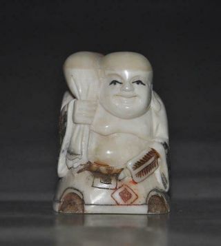 Japanese Handwork Bone Netsuke Carving Buddha With Bag