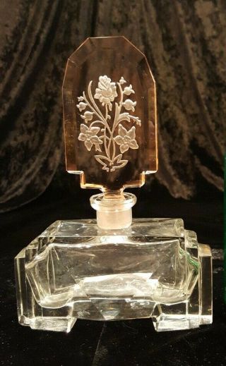 Vintage Cut Glass Crystal Perfume Bottle W Stopper Frost Shampain Etched Rose
