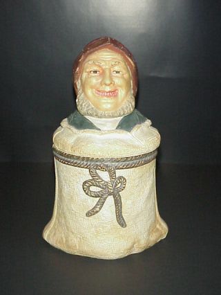 Antique German Pottery Tobacco Humidor Jar Old Man In Burlap 1890 