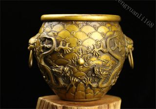 8 " China Bronze Foo Dog Lion Beast Dragon Play Bead Statue Tanks Crock Jar Pot