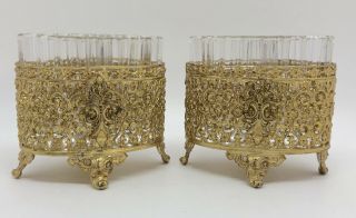 Apollo 2 Hollywood Regency Filigree Brass Glass Vanity Holders Organizers (rf956