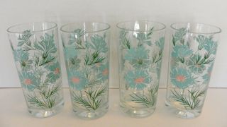 Set Of 4,  Mid - Century Turquoise & Pink Floral Glass Tumblers,  5 1/2 " Tall,  10 Oz