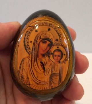 VTG Orthodox Russian Icon Hand Painted Lacquered Wood Egg & Stand 4 