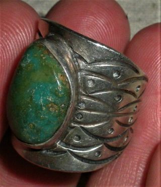 Antique C.  1940 Navajo Sterling Silver Turquoise Ring Great Stampwork Vafo