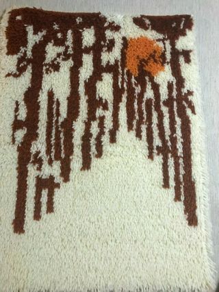 Vintage Finished Latch Hook Rug Trees Mid Century Modern Wall Hanging