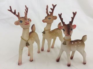Vtg (3) Christmas Plastic Deer Reindeer Bell Around Neck 7” Tall Mc Hong Kong
