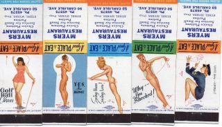 59865 (5) Ca 1950 George Petty Pinup Matchbook Covers Myers Restaurant York Pa
